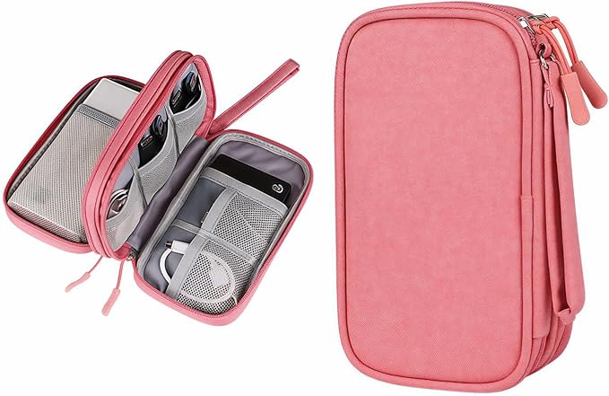 Portable Waterproof Double Layers All-in-One Storage Bag, Travel Cord Organizer，Electronics Accessories Organizer Pouch Bag for Accessories,Charger, USB Cable, Gadget (pink)