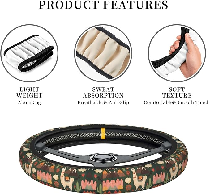 Cute Alpaca Llama Cartoon Universal Fit Steering Wheel Cover for Car, Truck, and SUV, Durable Steering Wheel Protection
