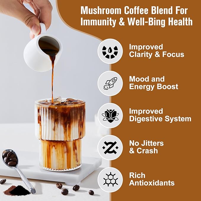 Mushroom Coffee - Lions Mane Mushroom Powder Instant Coffee with Lion's Mane, Reishi, Chaga, Cordyceps, and Turkey Tail - Mushroom Coffe Alternative for Energy, Mental Clarity & Focus, Brain Booster
