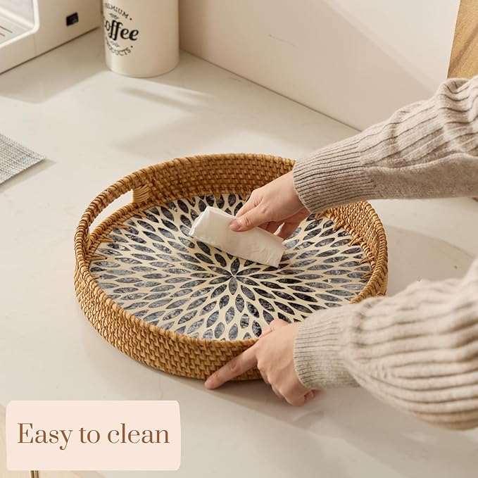 YANGQIHOME Round Rattan Tray with Handle, Mother of Pearl Inlay Decorative Wicker Basket for Coffee, Bread, Fruits, Serving Tray for Home Decor, Blue Leaf
