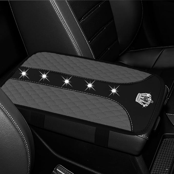 Bling Crown Car Center Console Cover, 12.7"×7.7" Armrest Cover for Cars, Waterproof Leather Arm Rest Box Pad Cushion, Universal Middle Console Cover Protector, Car Accessories (Gray)