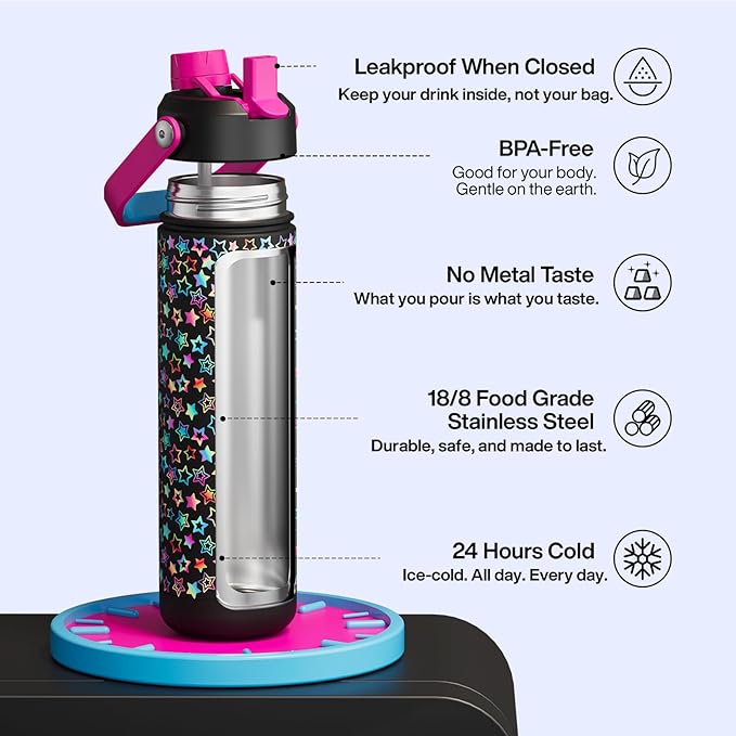 ENCOOL Insulated Water Bottle with Straw Stainless Steel Water Bottle, Glow in the Dark, Leak-Proof, BPA-Free, Keeps Cold for 24 Hours for Sports, Travel, School (26 oz, Neon Starfall)