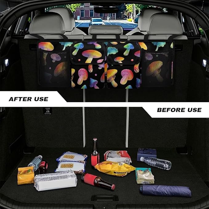 Colorful Mushroom Car Trunk Hanging Organizer, Thick Backseat Storage Bag with 2 Pockets and 3 Adjustable Shoulder Straps, Foldable Interior Accessories Valentine Decoration
