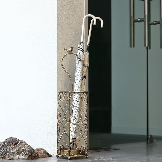 Umbrella Rack Stand,Umbrella Rack for Entryway,Canes Walking Sticks,Cast Iron Bird Handle and Drip Tray (Antique Gold)