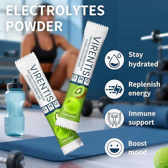 16 Sticks Electrolytes Powder Packets Sugar Free Hydration Packets Liquid Daily IV Electrolyte Drink Mix for Rehydration with 8 Electrolytes & 6 Vitamins, Low Sodium, Kiwi Apple