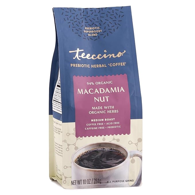 Teeccino Macadamia Nut Prebiotic SuperBoost™ Coffee Alternative - 10 Ounce - Support Your Probiotics with Caffeine-Free Herbal Coffee Featuring 3 Vegan Prebiotics for Good Gut Health & Regularity