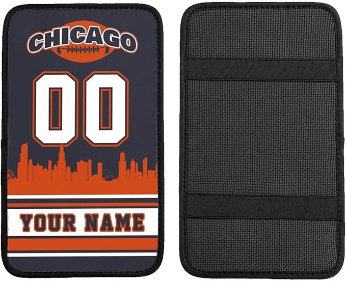 Custom Chicago Car Armrest Covers Personalized Football Style with Name Number Customized Auto Center Console Pad Car Handrail Box Cushion for Most Vehicle Decor Accessories, Fans Gift