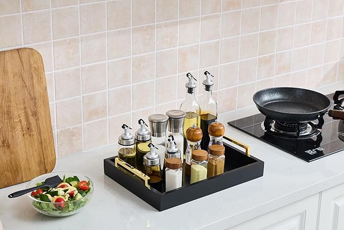 16"x12" Serving Trays with Handles, Black Decorative Serving Tray, Ottoman Trays for, Living Room, Bathroom, and Outdoors Decorative Trays (Black)