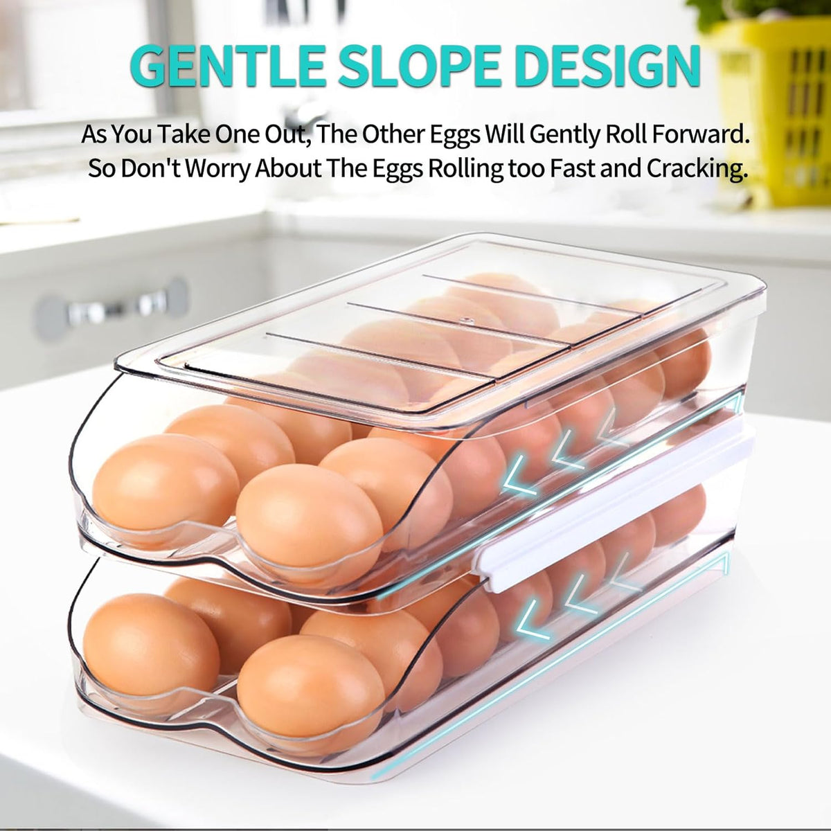 Egg Holder for Fridge, Automatic Rolling Egg Container for Refrigerator, Stackable Fridge Organizers and Storage with Lid, Clear Plastic Egg Dispenser & Tray (2 Tier)