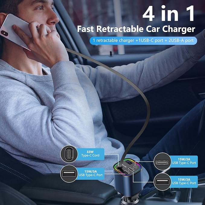 Retractable Car Charger, 4 in 1 Fast Car Charger 78W, with Type C, 2 USB-A Ports and 1 USB-C Port for Fast Charging, Compatible with iPhone 16/15/14/13/12/11, Galaxy, Pixel (Blue)