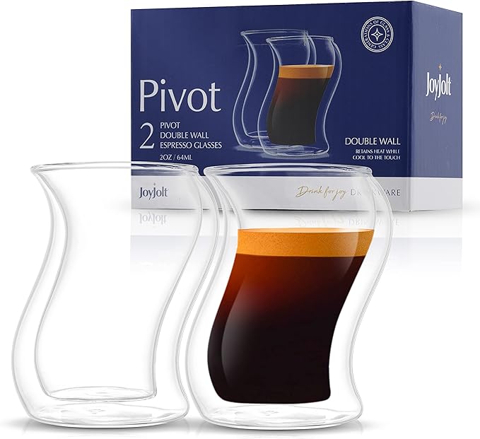 JoyJolt Pivot Espresso Shot Glass – Set of 2 oz Espresso Cups with Unique Design – Double Walled Thermo Espresso Glasses for Home or Professional Bar Use– Set of 2 Thermal Glassware for Morning Coffee