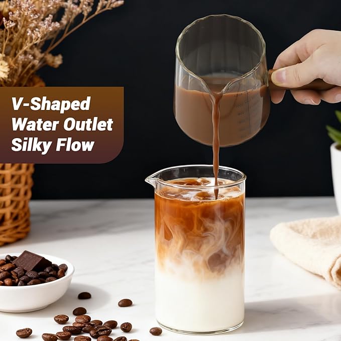 Espresso Measuring Cup 12 Oz, Espresso Glass Cups with Wood Handle, Milk Frothing Cup, Espresso Cup for Coffee, Milk, Tea or Maple Syrup Serving (Transparent, 12 oz)