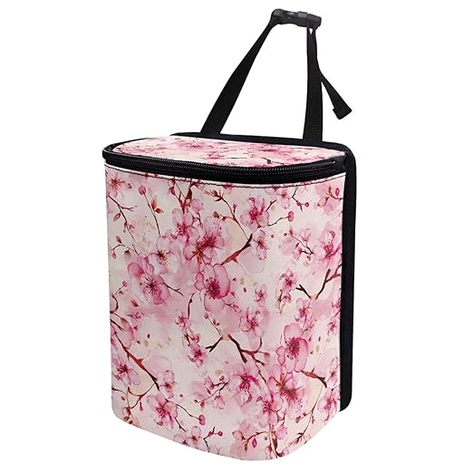 KEIAHUAN Pink Cherry Blossom Car Trash Can Bin for Back Seat with Lid Cute Trash Bag Hanging Removable Storage Bag Large Capacity Car Interior Accessories