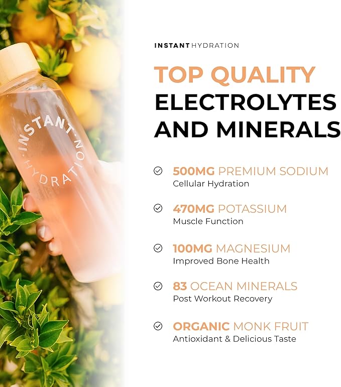 Instant Hydration Electrolytes Powder Packets - Citrus Orange Drink Mix - Zero Sugar - Keto, Vegan, Gluten-Free, Non-GMO - Boost Recovery, Brain Health, Muscle & Tissue Support- 30 Sticks