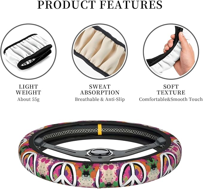 Colorful Art Peace Sign Neoprene Steering Wheel Covers Women Men Car Accessories, Universal 15 Inch Fit Auto, Suvs, Truck