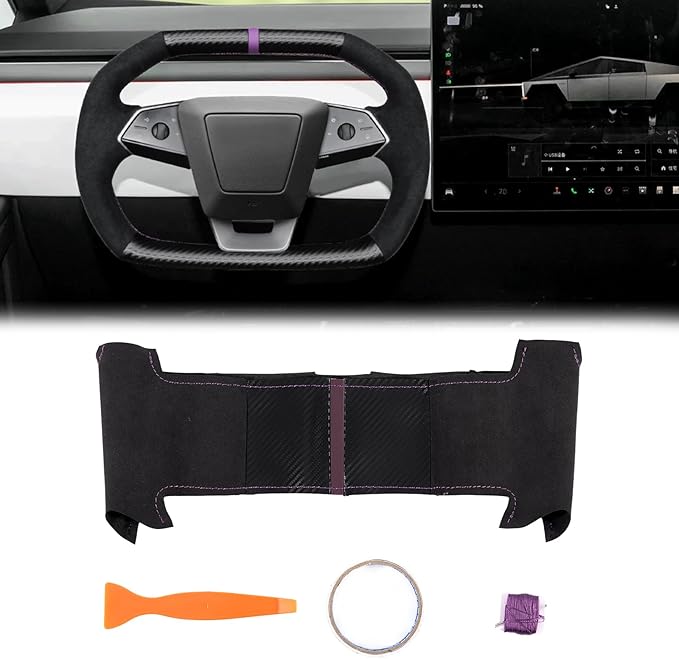 Steering Wheel Cover for Cybertruck Hand Stitching DIY Steering Wheel Cover Black with Dark Purple Center Mark (Upper Lower Carbon Fiber & Alcantara Side Grips)