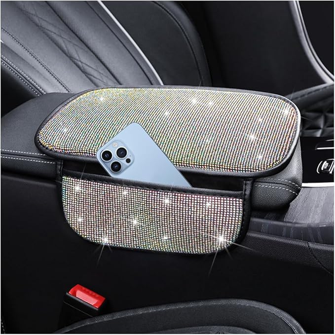Bling Car Center Console Cover, Crystal Rhinestone Vehicle Armrest Cover Cushion with 2 Storage Bags for Women Girls, Diamond Auto Storage Box Protector Pad, Universal Fit (Multicolor)