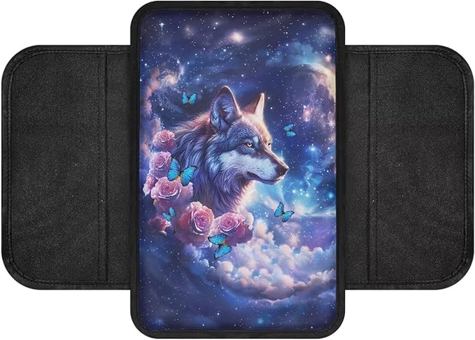 Dreaweet Galaxy Wolf Car Accessories Arm Rest Cover for Car Center Console Cover with 2 Storage Pockets,Universal Soft Armrest Cover Protector for Vehicle SUV Truck Car
