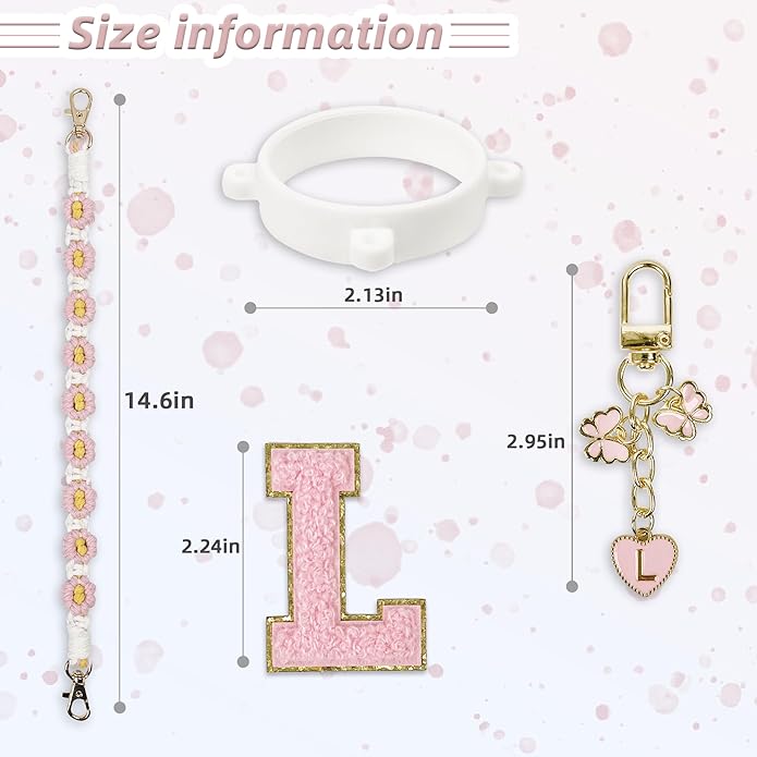 Compatible with Owala Water Bottle Accessories, Cute Letter Charm Set with Boho Handle Strap, Monogram Sticker, Silicone Ring, Keychain Decoration, for FreeSip 24 32 40oz, Owala Kids, Tumbler Gift