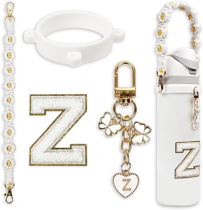 Compatible with Owala Water Bottle Accessories, Cute Letter Charm Set with Boho Handle Strap, Monogram Sticker, Silicone Ring, Keychain Decoration, for FreeSip 24 32 40oz, Owala Kids, Tumbler Gift