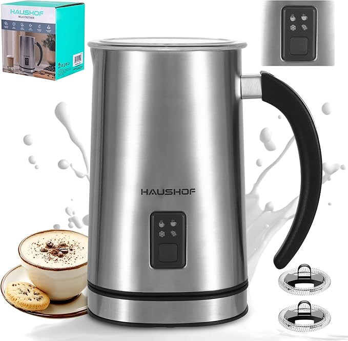 HAUSHOF Milk Frother, 4-in-1 Electric Milk Frother and Steamer, Large Capacity, Hot Chocolate Maker, Automatic Warm and Cold Foam Maker for Coffee, Latte, Macchiato, Cappuccino