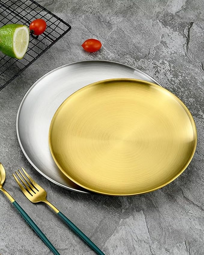 Serving Trays 7.9in Stainless Steel Decorative Tray Round Gold Tray for Kitchen Wedding Party Coffee Table Dishwasher Safe