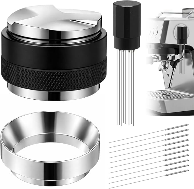Zhehao 3 Pcs 53mm Espresso Accessories Kit, 2 in 1 Espresso Tamper and Distributor Leveler, Magnetic WDT Tool, and Dosing Funnel Set for Home Office Coffee Machines and Portafilters