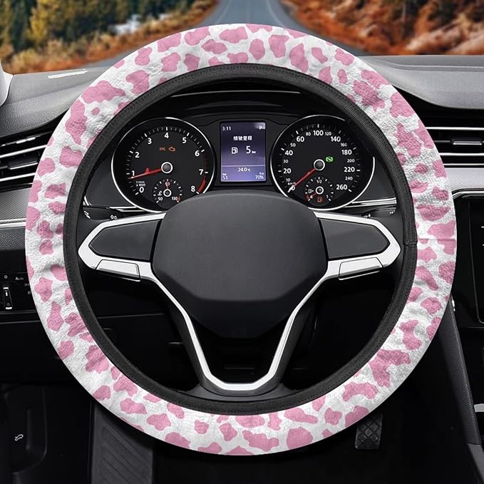 Universal Non-Slip Steering Wheel Cover, 15-inch Polyester Material Driving Accessories, Adjustable for Car and Truck(Pink White Cow Print)