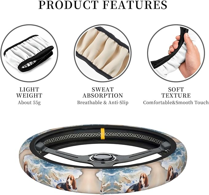 Art Basset Hound Car Steering Wheel Cover, 15 Inch Steering Wheel Cover Stylish Decor for Most Cars