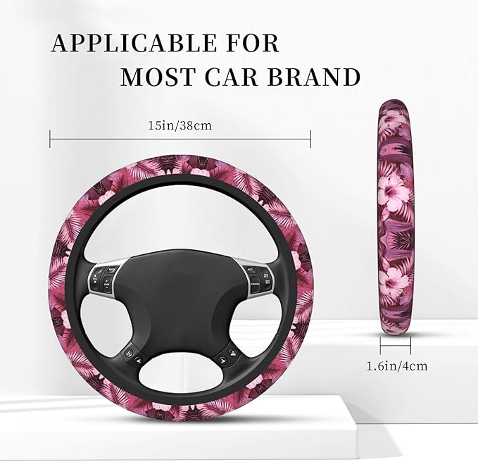 Hawaiian Tropical Flowers Car Steering Wheel Cover, 15 Inch Steering Wheel Cover Stylish Decor for Most Cars