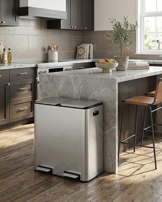 ComfyCorner 16 Gal (2 x 30 L) Dual Trash Can, Stainless Steel Kitchen Garbage Bin, Recycle Dustbin with Odor Control Box, Soft-Close Lid, Inner Buckets, Side Handle, Step Pedal, for Home Office