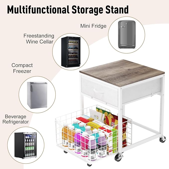 Housolution Mobile Mini Fridge Stand with Storage, Height-Adjustable Mini Beverage Fridge Table, Coffee Bar, 200 lbs Heavy-Duty Compact Refrigerator Shelf with Rolling Cabinet for Kitchen Home, White