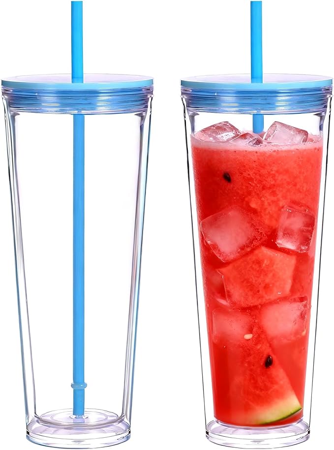24oz Tumbler with Lid and Straw, Leak Proof and Double Wall Insulated Reusable Plastic Cups,Travel Reusable Iced Coffee Cup (2, Blue)