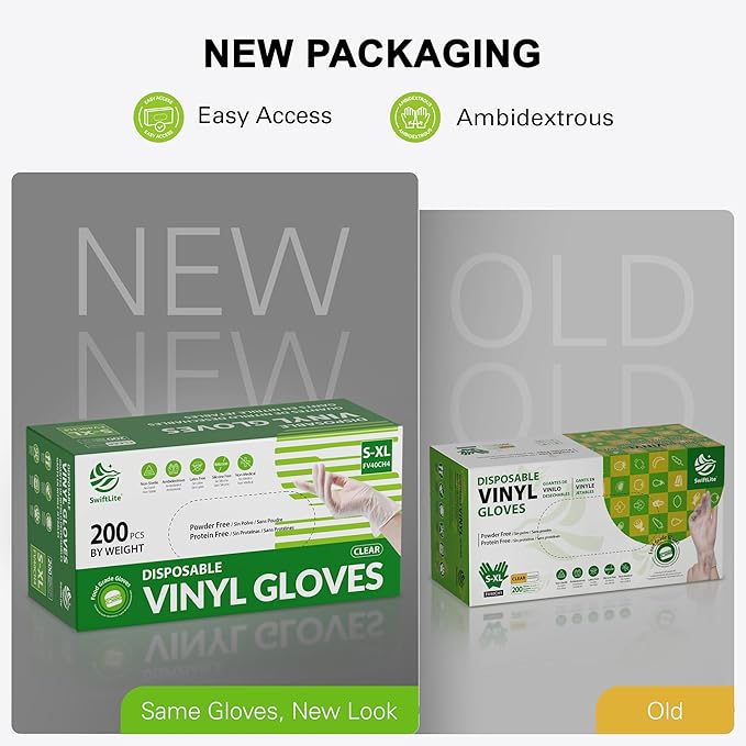 SWIFTLITE Disposable Vinyl Gloves, Food Safe, Latex-Free Powder-Free Clear Plastic Gloves for Cooking, House Clean, Food Prep