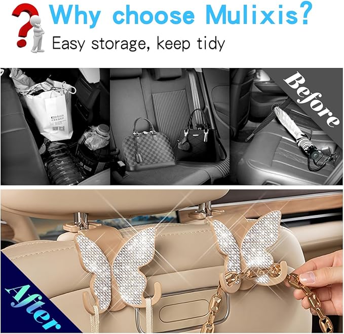 2 Pack Butterfly Bling Car Seat Headrest Hooks for Purses and Bags Aesthetic Design Car Hooks Rhinestones Hanger for Car Back Seat Organizer Storage Hook Bling Car Accessories（Light Brown）