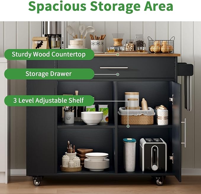 4 EVER WINNER Kitchen Island with Storage, Rolling Kitchen Island with Spice Rack & Towel Rack & Open Shelves, Island Table for Kitchen with Storage Cabinet and Drawer, Black