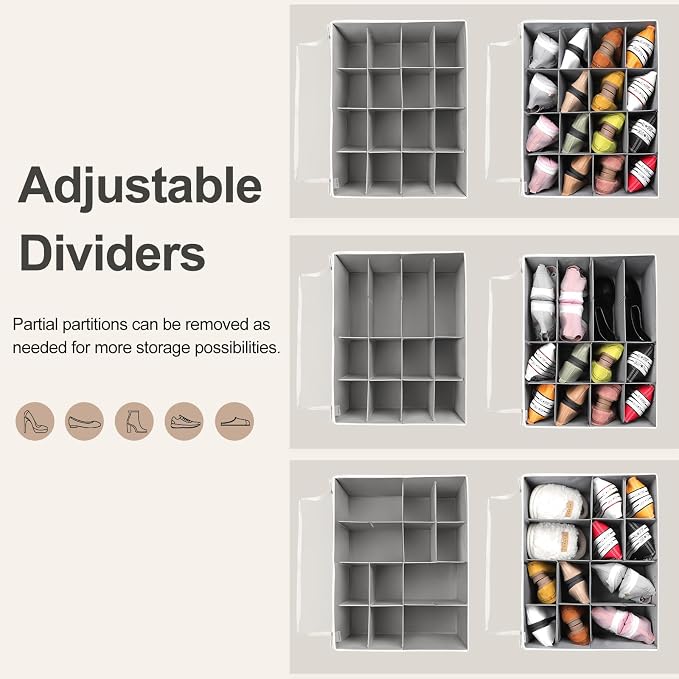 TOPIA HOME Shoe Organizer for Closet 2 Pack, Foldable Shoe Box with Adjustable Dividers and Clear Cover, Space Saving Shoe Storage Organizer Cabinet with Reinforced Handles, Fits 32 Pairs TP12WG