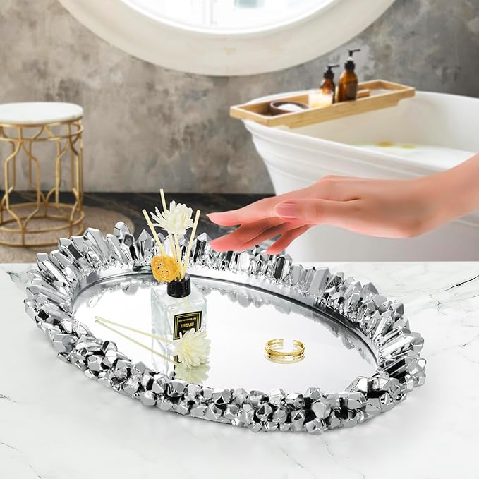 GUOER Vintage Antique Decorative Bathroom Vanity Decor Slivery Mirror Tray for Dessert Table Coffee Table Vanity Home Serving Tray with Handle (Slivery)