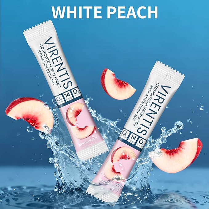 16 Sticks Electrolytes Powder Packets Sugar Free Hydration Packets Liquid Daily IV Electrolyte Drink Mix for Rehydration with 8 Electrolytes & 6 Vitamins, Low Sodium, White Peach