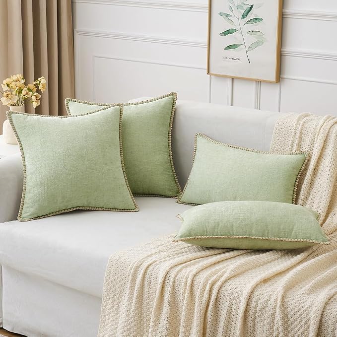 MIULEE Pack of 2 Summer Throw Pillow Covers 20x20 Inch Light Green Farmhouse Decorative Pillow Covers with Stitched Edge Soft Chenille Solid Dyed Pillow Covers for Couch Sofa Bed Living Room
