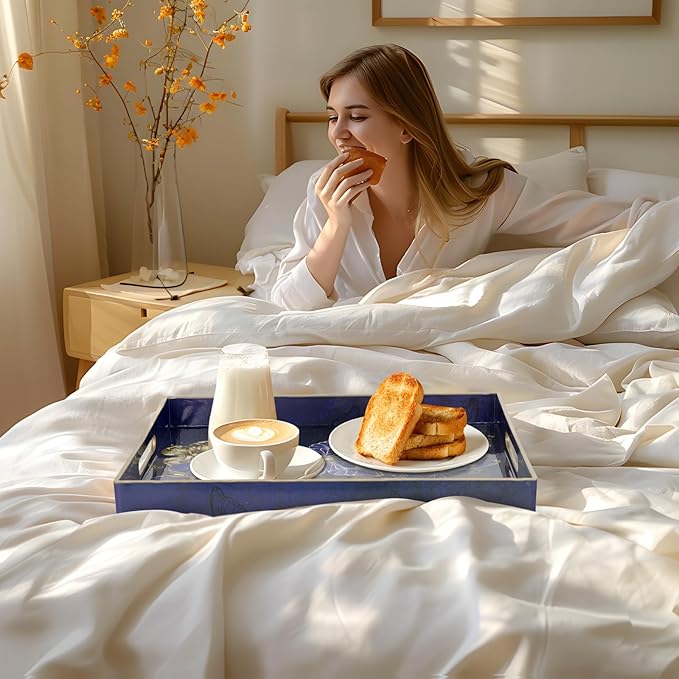 MAONAME Rectangular Decorative Tray, Butterfly Plastic Serving Tray with Handles, Modern Blue Trays for Ottoman, Coffee Table Trays for Living Room, Home Decor, 15.8" x 11.8" x 1.6"