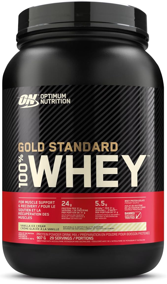 Optimum Nutrition Gold Standard 100% Whey Protein Powder, Vanilla Ice Cream, 2 Pound (Packaging May Vary)