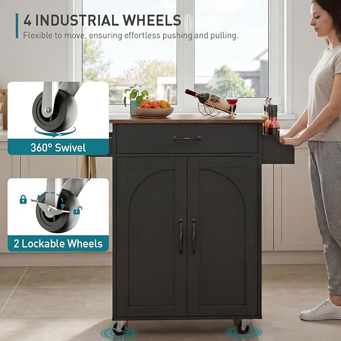 Kitchen Island Cart, Small Kitchen Island with Storage Cabinet and Drawer, Rolling Kitchen Cart on Wheels with Spice Rack and Towel Rack, for Kitchen, Dining Room, Black and Rustic Brown
