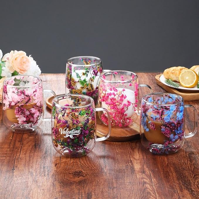 15.2Oz Double Glass Flower Tea Cup,Dried Flowers Insulated Glass Double Wall Coffee Mug With Handle,Transparent Doubles Glases Flower Tea Cup Latte Coffee Cups,Valentines Day Party Gifts