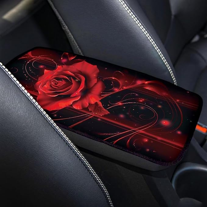 Rose Print Armrest Cushion Cover for Car Scratch Proof Car Center Console Armrest Protector Cover Universal Fit Truck Sedan SUV, Red and Black