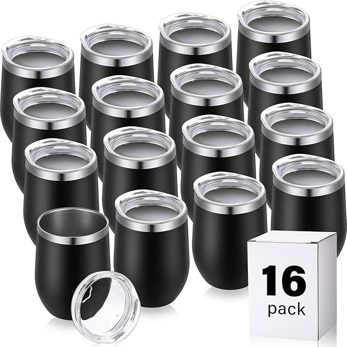 16 Pack Stainless Steel Wine Tumblers 12 oz Insulated Vacuum Wine Cup Set Double Wall Stainless Steel Stemless Mug Glasses for Coffee Soda Whiskey Outdoor Travel (Black)