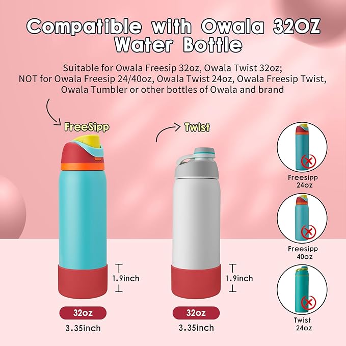 2PCS Silicone Water Bottle Boot, Compatible with Owala 24oz 32oz 40oz, Protective Anti-Scratch & Anti-Dent No Noise Sleeve Cover for FreeSip/Twist/Flip Water Bottles (Burgundy, 32oz)