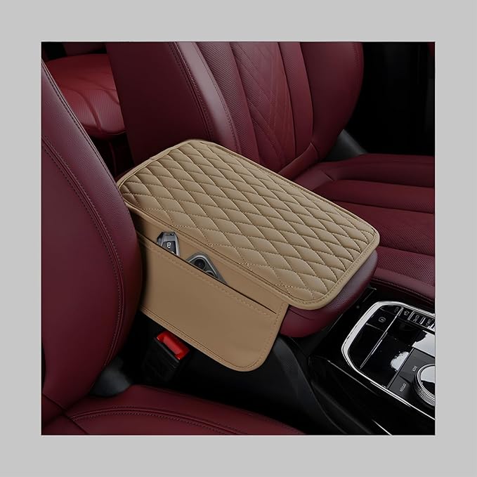 Car Center Console Cover, Waterproof Leather Arm Rest Cushion Pad with 2 Storage Bags, Anti-Scratch Armrest Seat Box Protector Interior Accessories for Most Vehicles (Beige)