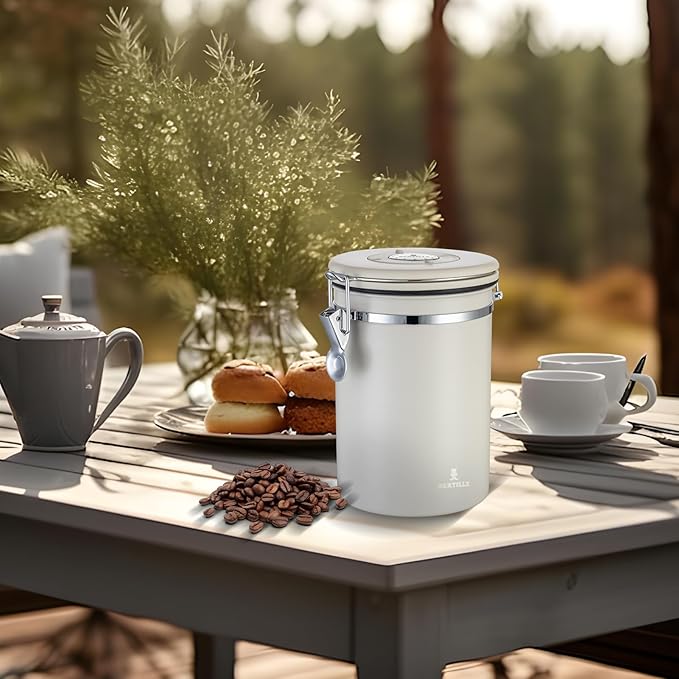 BERTILLE Stainless Steel Coffee Canister,22oz Kitchen Food Storage Container with Date-Tracker, CO2-Release Valve and Measuring Scoop for Grounds Coffee, Beans, Tea, Flour, Cereal, Sugar（Large,Cream）