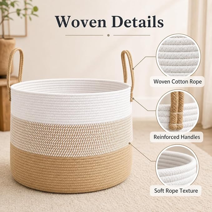 JMvicyroam 115L Extra Large Blanket Basket for Living Room - Woven Cotton Rope Laundry Hamper with Reinforced Handles - Storage Bin for Pillows, Comforters & Toys - Machine Washable,White&Jute Mix